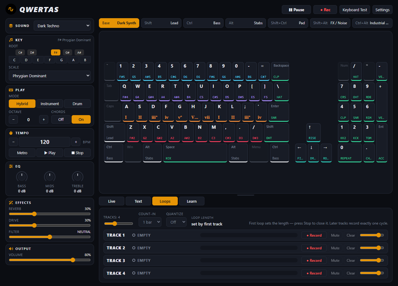 The real QWERTAS desktop app in dark mode, with performance keys, sound controls, and four loop tracks